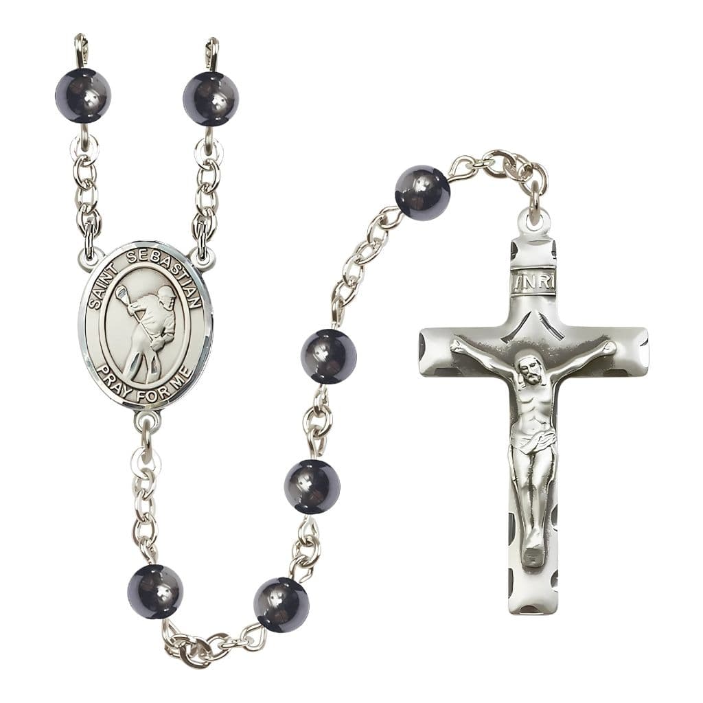 Bliss St. Sebastian Lacrosse 6mm Hematite Silver-plated Rosary, Made in USA