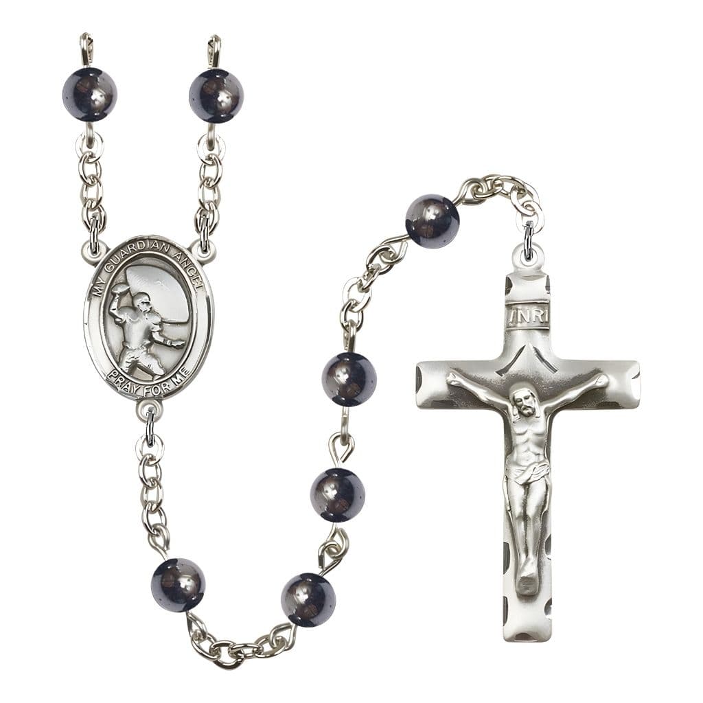 Bliss Guardian Angel Football 6mm Hematite Bead Catholic Rosary with Pewter Centerpiece and Crucifix