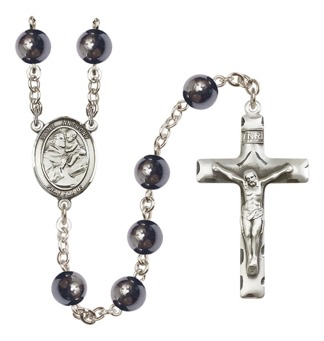 Bliss Manufacturing, R6003S-8004,Silver Plated 8mm Hematite Saint Anthony of Padua Rosary,