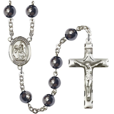 St. Catherine of Siena 8mm Hematite Silver-plated Catholic Rosary with Pewter Centerpiece and Crucifix, Bliss Manufacturing