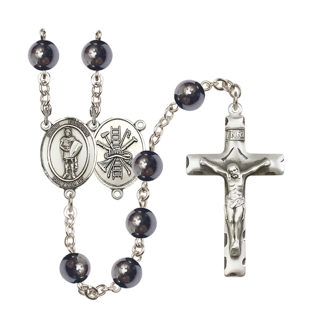 Bliss St Florian Firefighter 8mm Hematite Bead Silver-Plated Rosary,