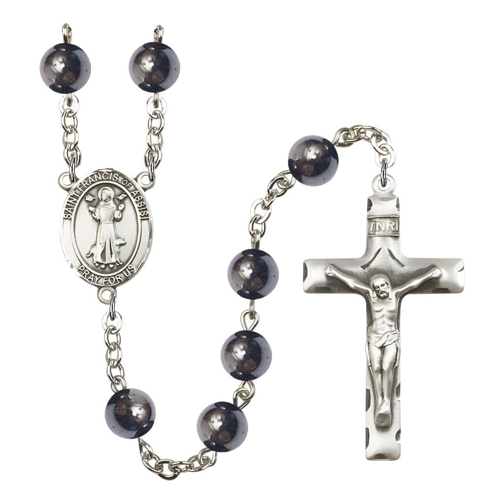 Bliss St. Francis of Assisi 8mm Hematite Bead Silver-plated Rosary with Pewter Centerpiece and Crucifix, USA Made