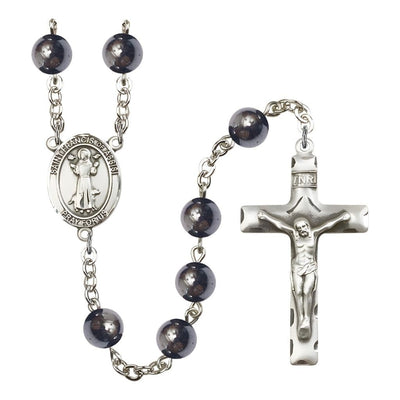 St. Francis of Assisi 8mm Hematite Bead Silver-plated Rosary with Pewter Centerpiece and Crucifix, USA Made, Bliss Manufacturing