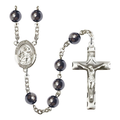 St. Gabriel the Archangel 8mm Hematite Silver-plated Catholic Rosary with Pewter Centerpiece and Crucifix, Bliss Manufacturing