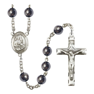 St. Gerard Majella 8mm Hematite Silver-plated Catholic Rosary with Pewter Centerpiece and Crucifix, Bliss Manufacturing