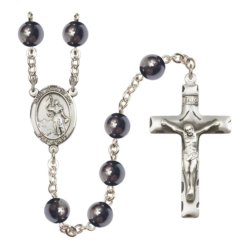 Bliss St. Joan of Arc 8mm Hematite Bead Silver-plated Rosary with Pewter Centerpiece and Crucifix, Gift Box.