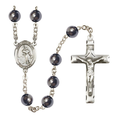 St. Joan of Arc 8mm Hematite Bead Silver-plated Rosary with Pewter Centerpiece and Crucifix, Gift Box, Bliss Manufacturing