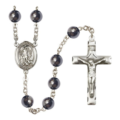 St. Lazarus 8mm Hematite Silver-plated Rosary with Pewter Centerpiece and Crucifix, Bliss Manufacturing