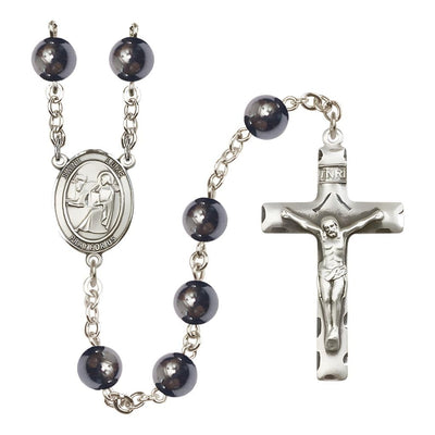 St. Luke the Apostle 8mm Hematite Silver-plated Catholic Rosary with Pewter Centerpiece and Crucifix, Bliss Manufacturing