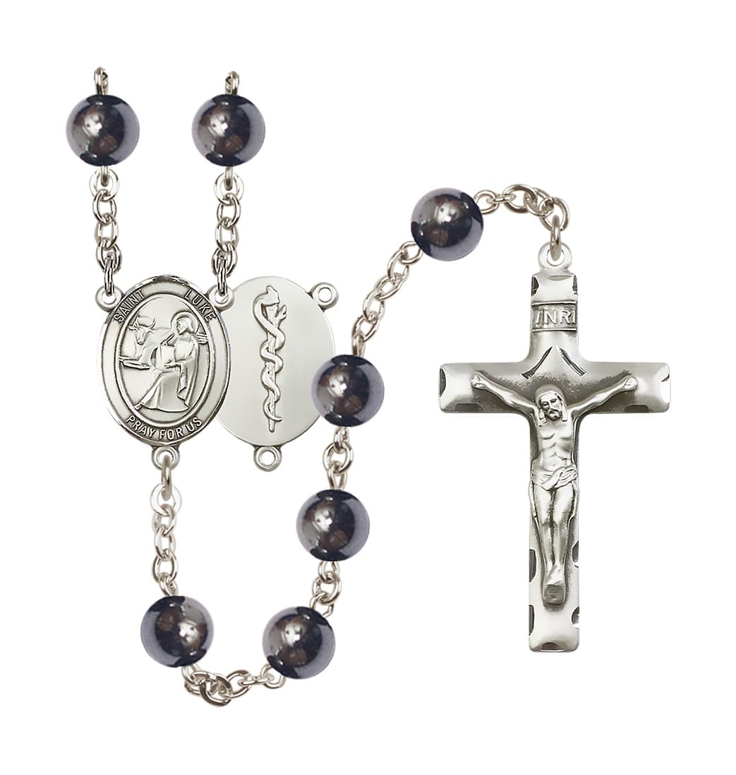 Bliss Doctor St Luke 8mm Hematite Bead Silver-Plated Rosary,