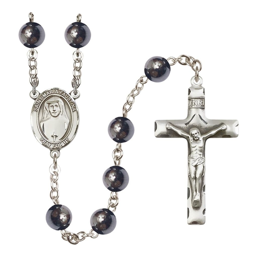 Bliss St. Maria Faustina 8mm Hematite Bead Silver-plated Rosary with Pewter Centerpiece and Crucifix,