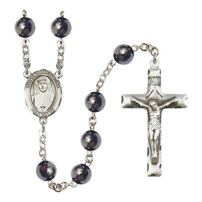 St. Maria Faustina 8mm Hematite Bead Silver-plated Rosary with Pewter Centerpiece and Crucifix, Bliss Manufacturing