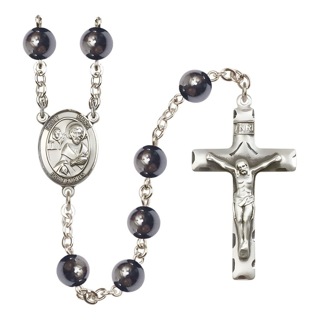 Bliss St. Mark the Evangelist 8mm Hematite Silver-plated Catholic Rosary with Pewter Centerpiece and Crucifix
