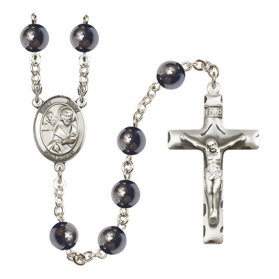 St. Mark the Evangelist 8mm Hematite Silver-plated Catholic Rosary with Pewter Centerpiece and Crucifix, Bliss Manufacturing