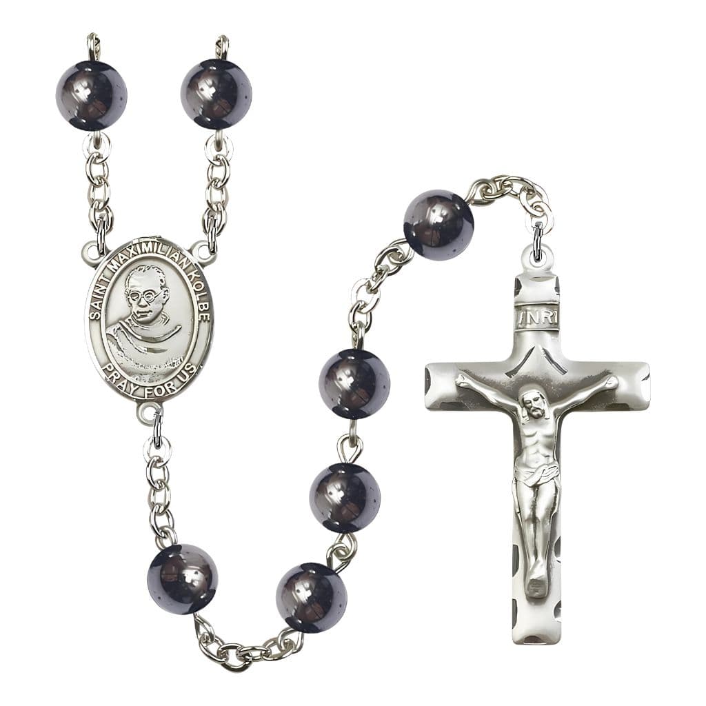 St. Maximilian Kolbe 8mm Hematite Bead Rosary with Pewter Center and Crucifix made by Bliss,