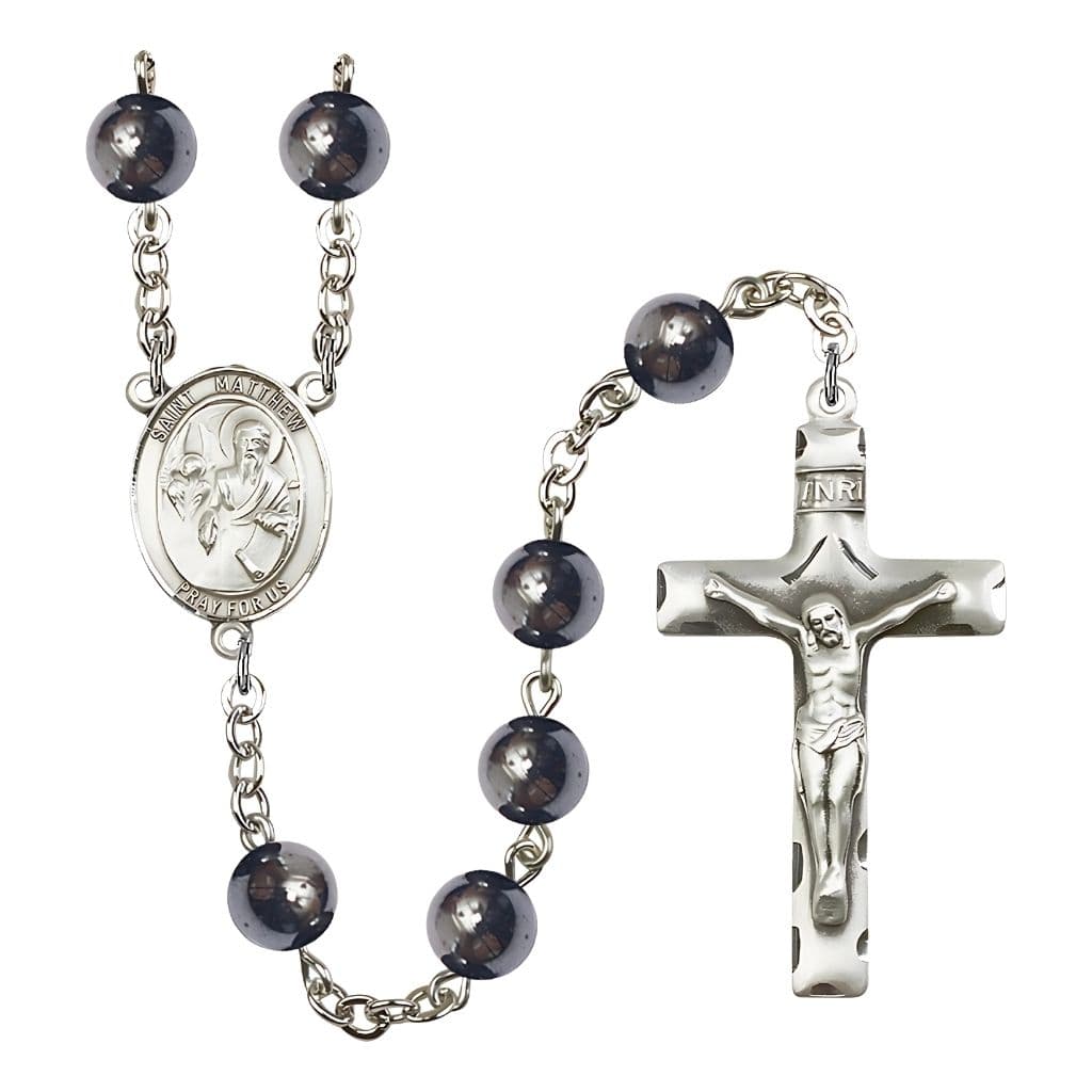 Bliss St. Matthew the Apostle 8mm Hematite Bead Silver-plated Rosary with Pewter Center and Crucifix