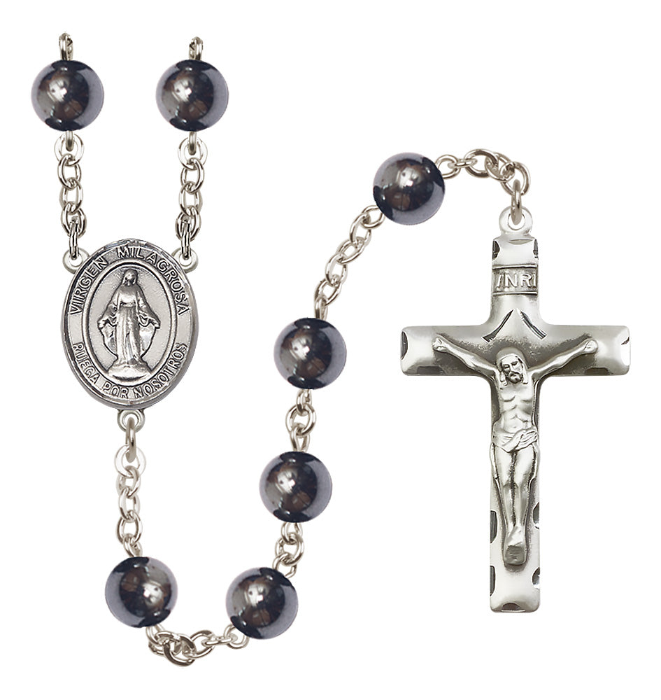 Silver Plated 8mm Hematite Virgen Milagrosa Rosary,