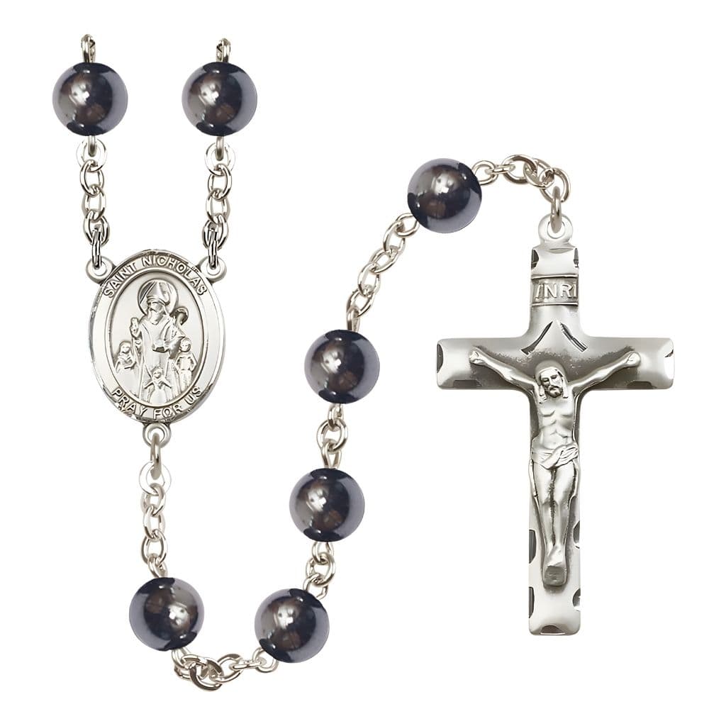 Bliss Catholic St. Nicholas 8mm Hematite Silver-Plated Rosary with Pewter Centerpiece and Crucifix