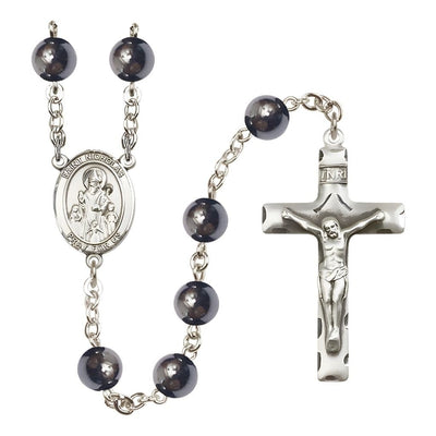 Catholic St. Nicholas 8mm Hematite Silver-Plated Rosary with Pewter Centerpiece and Crucifix, Bliss Manufacturing