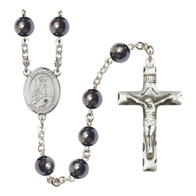 St. Louis IX of France 8mm Hematite Silver-plated Catholic Rosary with Pewter Centerpiece and Crucifix, Bliss Manufacturing