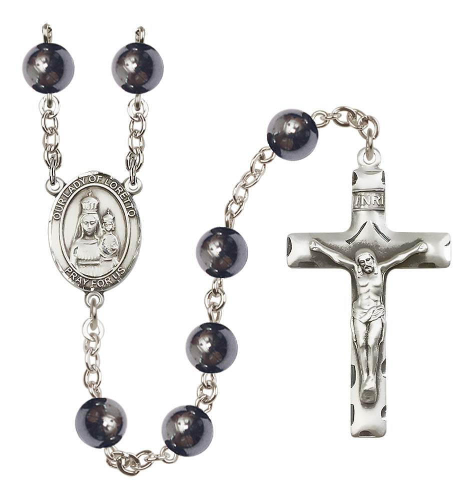 Bliss Silver Plated 8mm Hematite Our Lady of Loretto Rosary,