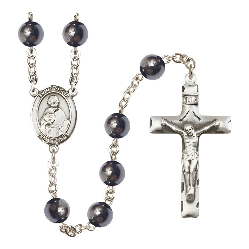 Bliss St. Philip the Apostle 8mm Hematite Bead Silver-plated Rosary with Pewter Centerpiece and Crucifix, Gift Box.