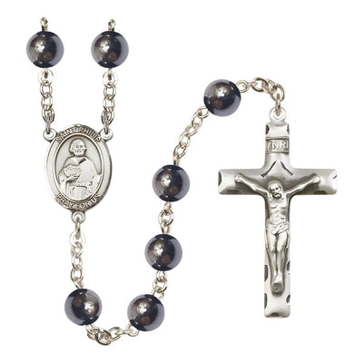 St. Philip the Apostle 8mm Hematite Bead Silver-plated Rosary with Pewter Centerpiece and Crucifix, Gift Box, Bliss Manufacturing