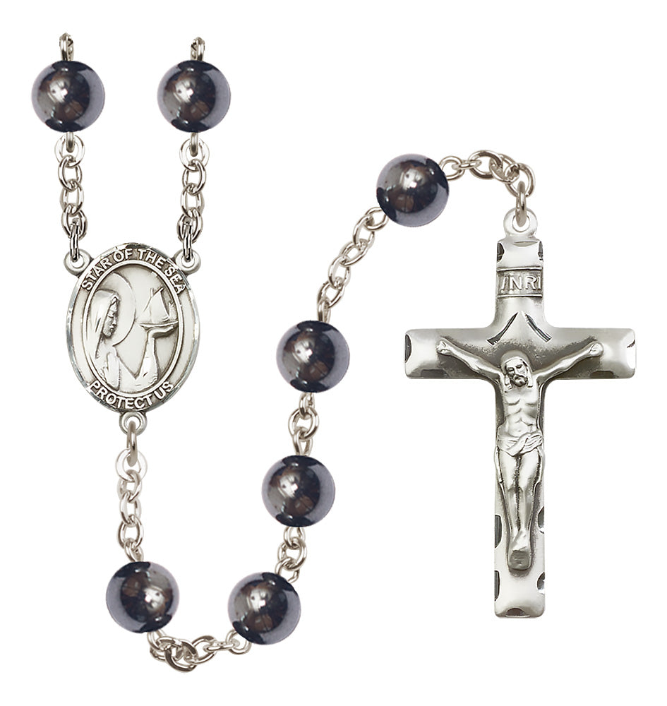 Bliss Silver Plated 8mm Hematite Our Lady Star of the Sea Rosary,