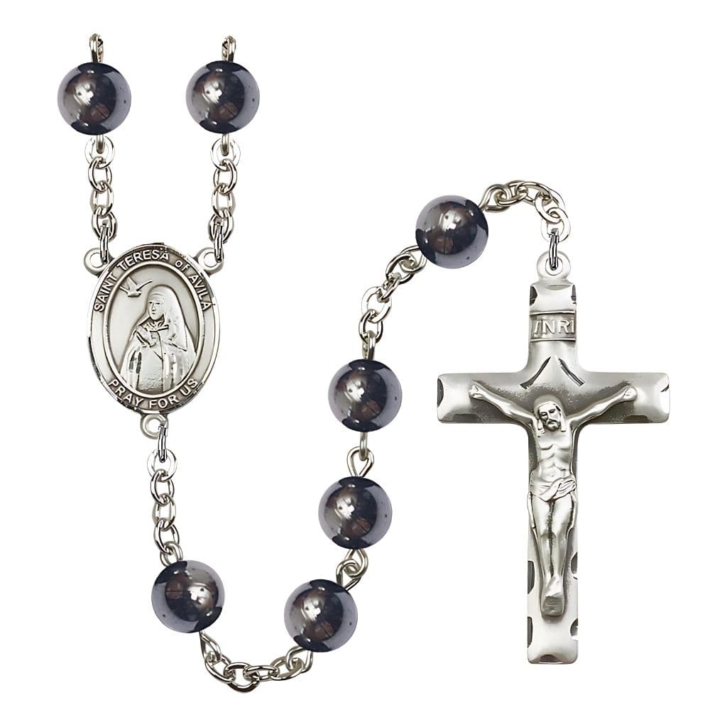 Bliss St. Teresa of Avila Rosary with 8mm Hematite beads and pewter centerpiece and crucifix