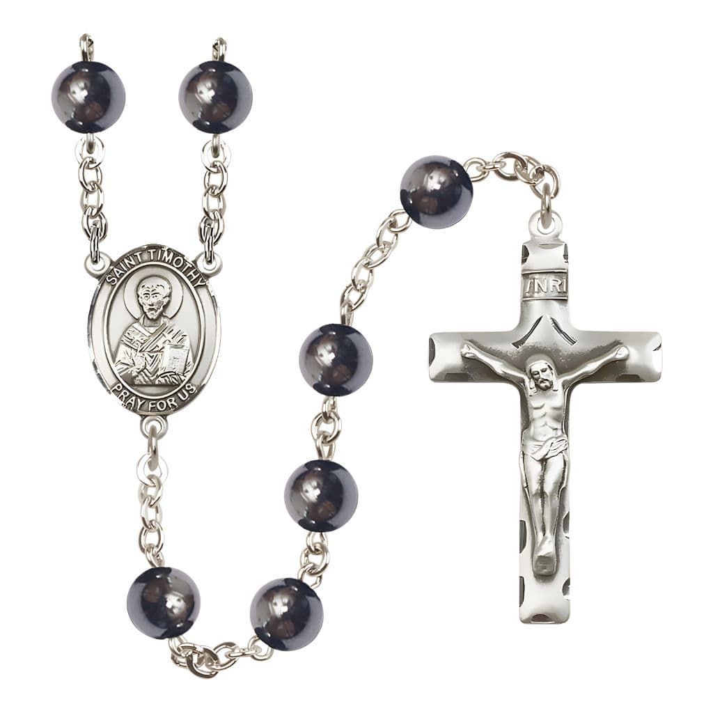 Bliss St. Timothy 8mm Hematite Silver-plated Catholic Rosary with Pewter Centerpiece and Crucifix