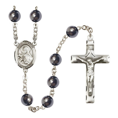 St. Theresa 8mm Hematite Bead Silver-plated Rosary with Pewter Centerpiece and Crucifix, Bliss Manufacturing