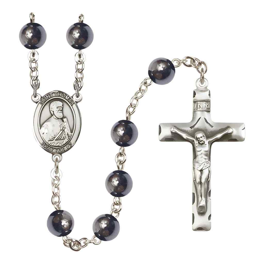 St. Thomas the Apostle 8mm Hematite Bead Silver-plated Rosary with Pewter Centerpiece and Crucifix, Gift Box.