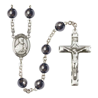 St. Thomas the Apostle 8mm Hematite Bead Silver-plated Rosary with Pewter Centerpiece and Crucifix, Gift Box.