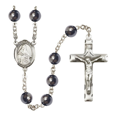 St. Veronica 8mm Hematite Silver-plated Catholic Rosary with Pewter Centerpiece and Crucifix, Bliss Manufacturing