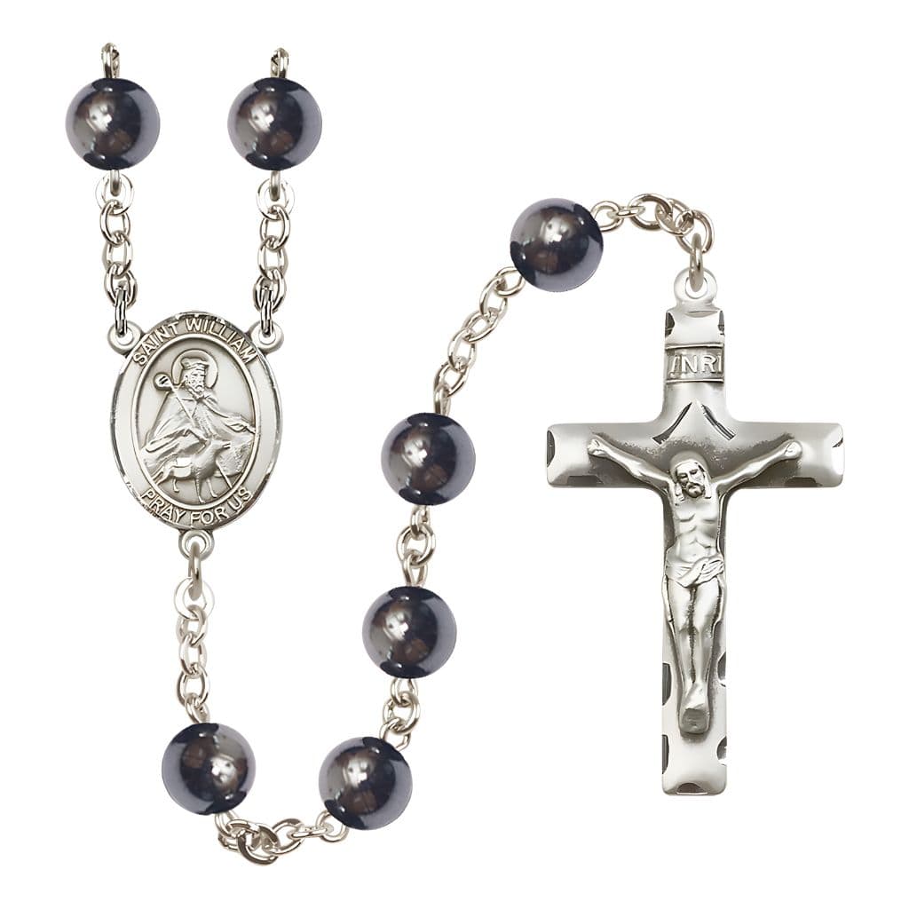 Bliss St. William of Rochester 8mm Hematite Silver-plated Rosary with Pewter Centerpiece and Crucifix