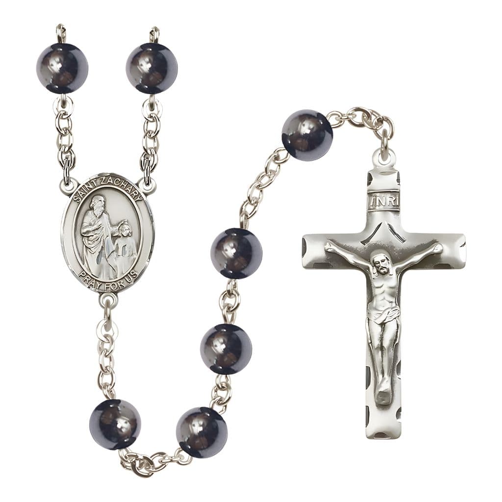 Bliss St. Zachary 8mm Hematite Bead Silver-plated Rosary with Pewter Centerpiece and Crucifix