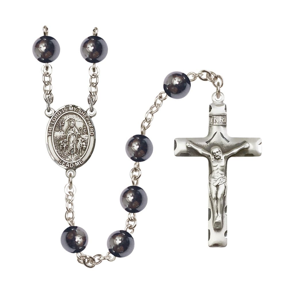 Bliss Lord Is My Shepherd 8mm Hematite Silver-plated Catholic Rosary with Pewter Centerpiece and Crucifix