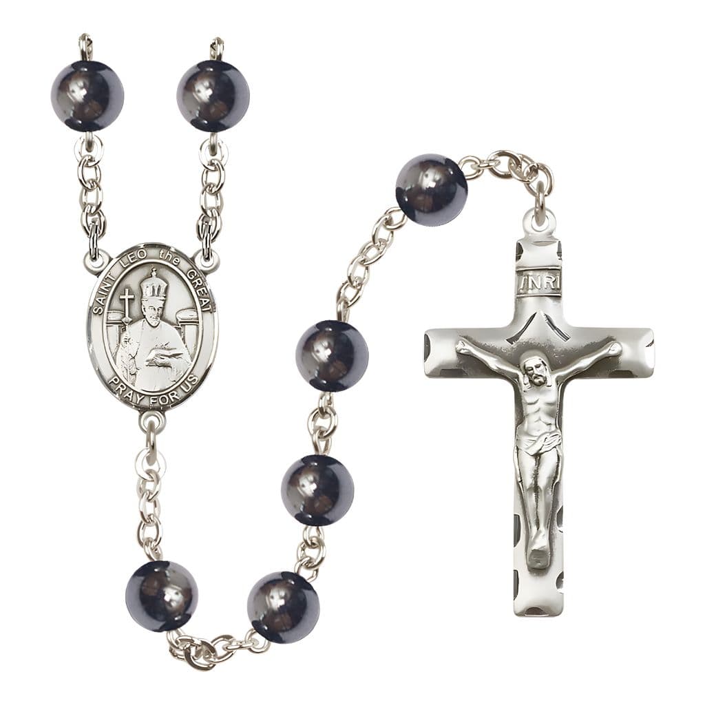 Bliss St. Leo the Great Engravable Silver-plated 8mm Hematite Bead Rosary with Pewter Crucifix and Centerpiece,
