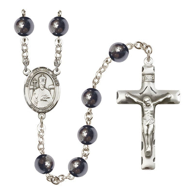 St. Leo the Great Engravable Silver-plated 8mm Hematite Bead Rosary with Pewter Crucifix and Centerpiece, Bliss Manufacturing
