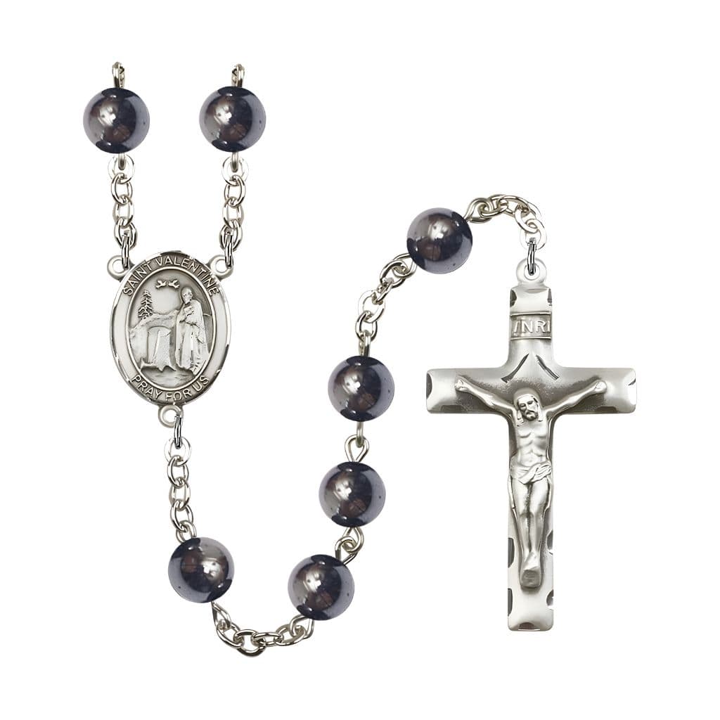 Bliss St. Valentine of Rome 8mm Hematite Bead Silver-plated Rosary with Pewter Centerpiece and Crucifix