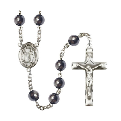 St. Valentine of Rome 8mm Hematite Bead Silver-plated Rosary with Pewter Centerpiece and Crucifix, Bliss Manufacturing