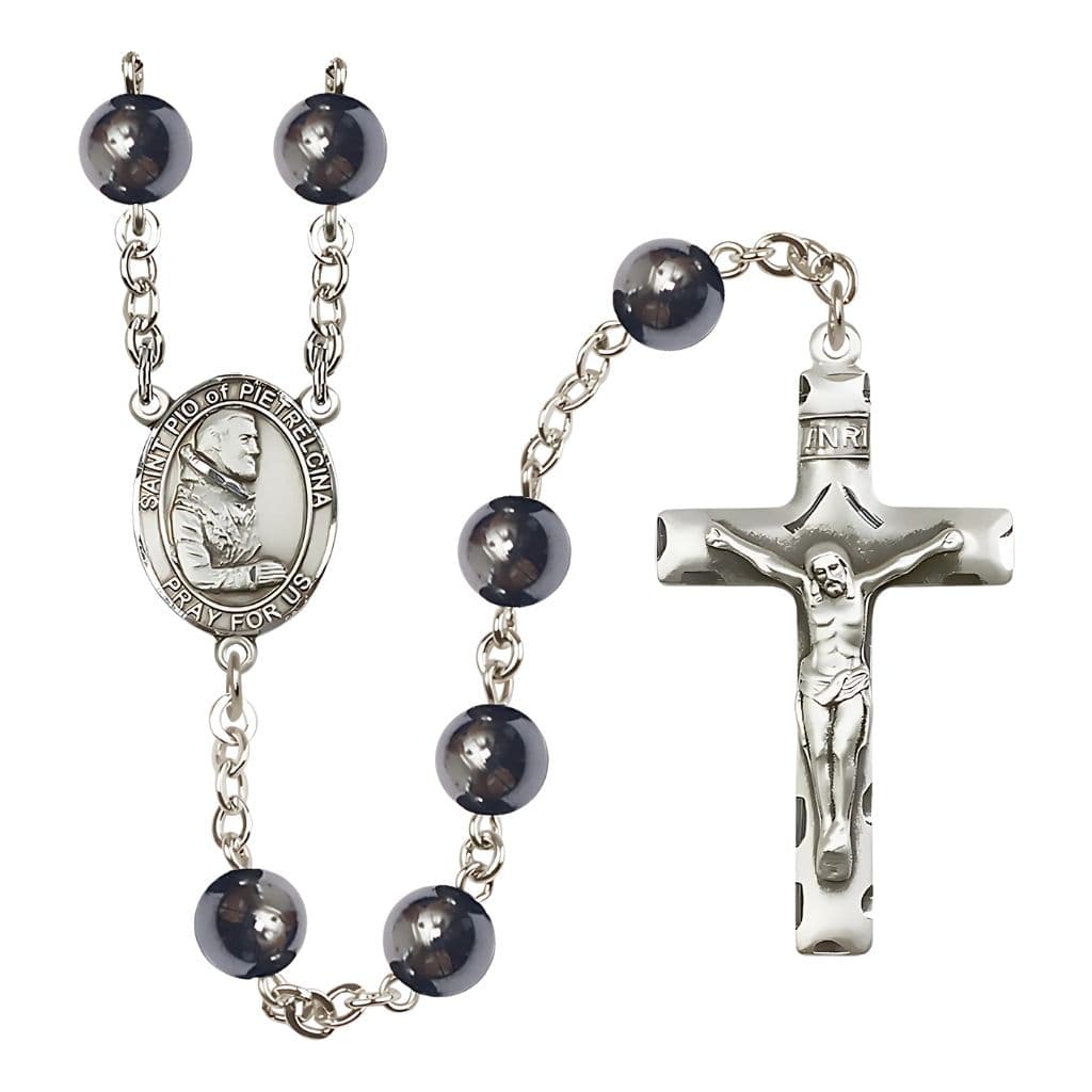 Bliss St. Pio of Pietrelcina 8mm Hematite Bead Rosary with Pewter Centerpiece and Crucifix