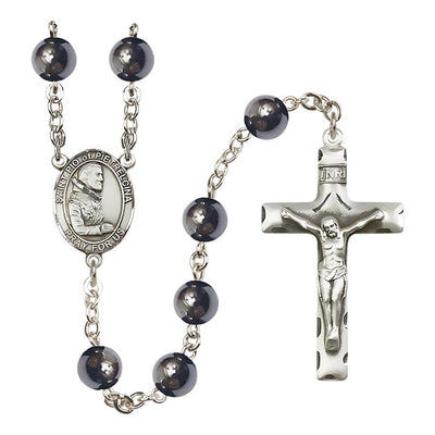 St. Pio of Pietrelcina 8mm Hematite Bead Rosary with Pewter Centerpiece and Crucifix, Bliss Manufacturing