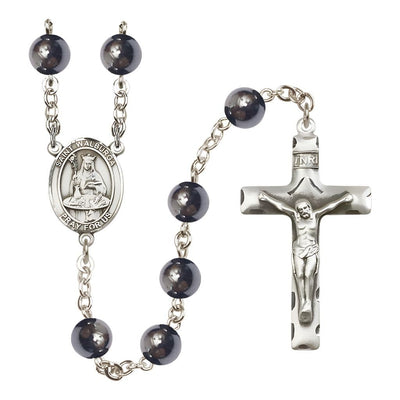 St. Walburga 8mm Hematite Bead Silver-Plated Rosary with Pewter Centerpiece and Crucifix, Bliss Manufacturing