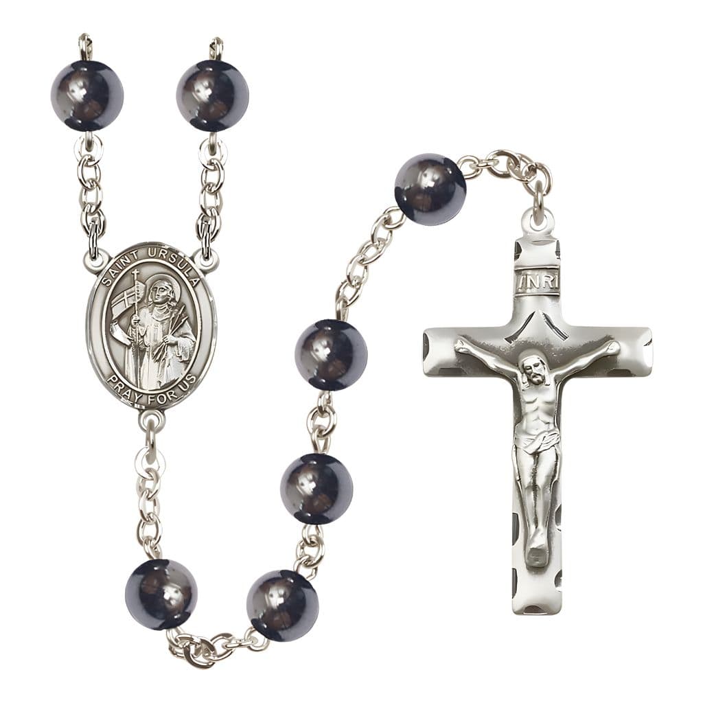 St. Ursula 8mm Hematite Catholic Rosary with Pewter Centerpiece and Crucifix, Made in USA by Bliss