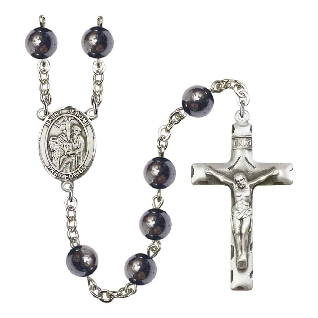 Saint Jerome 8mm Hematite Bead Silver-plated Rosary with Pewter Centerpiece and Crucifix in Gift Box, Made in USA by Bliss Manufacturing