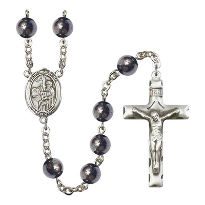 Saint Jerome 8mm Hematite Bead Silver-plated Rosary with Pewter Centerpiece and Crucifix in Gift Box, Made in USA by Bliss Manufacturing