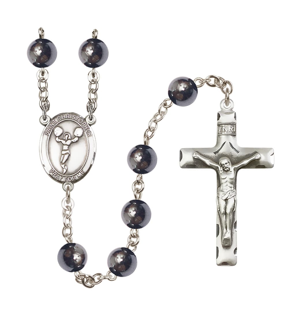 Bliss Saint Christopher Cheerleading 8mm Hematite Bead Rosary,