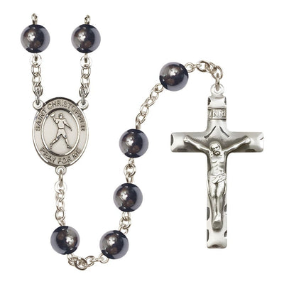 Football St. Christopher 8mm Hematite Silver-plated Catholic Rosary with Pewter Centerpiece and Crucifix, Bliss Manufacturing