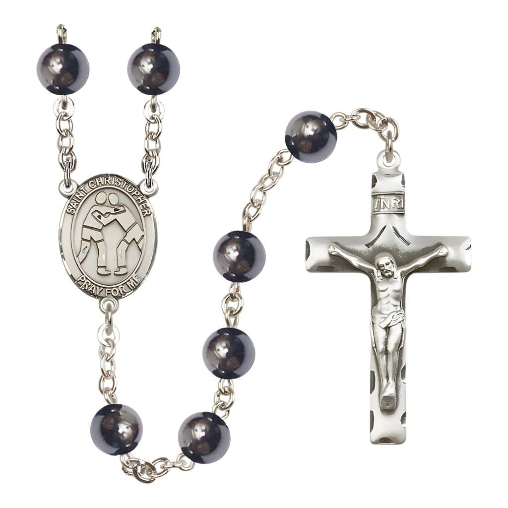 St. Christopher Wrestling 6mm Hematite Silver-plated Rosary, handcrafted in the USA by Bliss